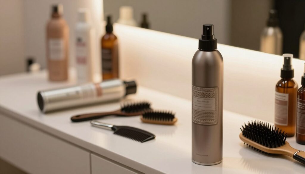 A beautifully arranged display of various hair sprays and styling products set on a sleek, modern vanity. In the foreground, focus on an elegant, high-quality hair spray bottle designed with a matte finish and an intricate label, prominently featuring its nozzle, hinting at its use for achieving perfect hairstyles. The middle ground showcases additional styling tools such as combs and brushes, partially blurred for depth. In the background, soft, ambient lighting illuminates the scene, accentuating the polished surfaces and creating a warm, inviting atmosphere that conveys professionalism. The composition evokes a sense of careful selection and attention to detail, suitable for a hair care discussion.