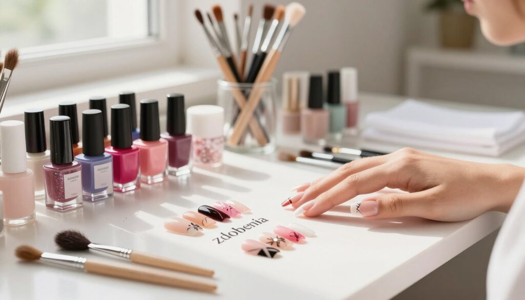 A beautifully arranged manicure station showcasing a variety of "zdobienia" nail designs. In the foreground, elegantly manicured nails feature a range of intricate nail art, including French tips, delicate floral patterns, and geometric shapes, each reflecting a high level of craftsmanship. The middle ground includes nail polish bottles in vibrant colors, art brushes, and sparkling embellishments, all neatly organized. In the background, soft natural lighting streams in through a nearby window, creating a warm ambiance, while a serene and clean workspace emphasizes professionalism. The entire scene captures the meticulous detail and artistry involved in extended manicure techniques, conveying a sense of creativity and elegance.