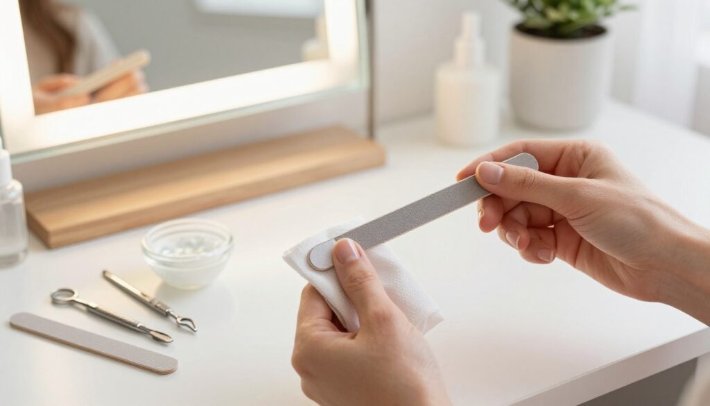 A bright and cozy home environment featuring a well-organized nail care station. In the foreground, a pair of hands delicately holding a nail file and a soft cloth, demonstrating the careful removal of a titanium manicure. The middle ground includes an array of manicure tools like a cuticle pusher, nail buffer, and a small bowl of acetone, all arranged neatly. In the background, a well-lit vanity mirror reflects a serene atmosphere, with gentle natural lighting enhancing the scene. The overall mood is calm and professional, showcasing the precision and care involved in nail and cuticle grooming, emphasizing safe and effective techniques for home manicure removal without damaging the natural nail.