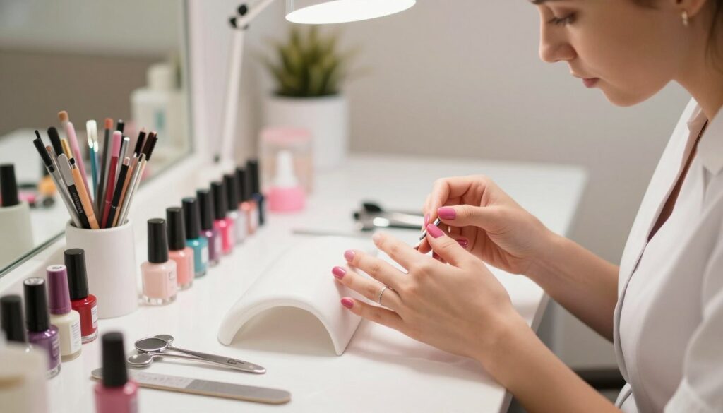 A bright, inviting manicure station in a well-lit salon, featuring a neatly organized array of nail care tools including nail files, cuticle pushers, and polishes. In the foreground, a skilled nail technician dressed in professional attire gently prepares a client's hands, focusing on cuticle care and nail shaping. The middle ground displays a close-up of polished nails in vibrant colors, highlighting the meticulous preparation process. The background features soft, blurred images of nail polish bottles and a calming ambiance with soft lights overhead. The overall mood is serene and focused, emphasizing the importance of nail preparation in achieving a perfect hybrid manicure. The lighting is soft and even, casting a warm glow over the workspace, accentuating the attention to detail and professionalism of the setting.