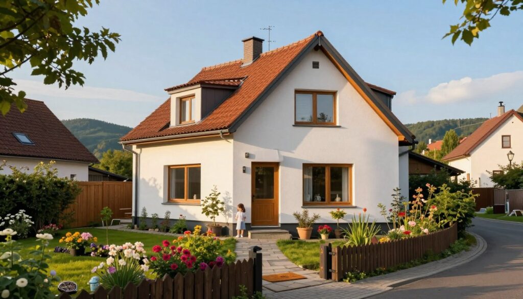 A charming street view of Joanna Kulig's home in Poland, featuring a cozy, modern family house surrounded by lush greenery and blooming flowers. The foreground shows a well-kept garden with colorful plants and a welcome mat at the entrance, evoking a warm and inviting atmosphere. In the middle ground, the house stands with large windows reflecting soft, natural light, showcasing a blend of contemporary design and rustic charm. In the background, gently rolling hills and a clear blue sky create a serene backdrop, enhancing the peaceful, suburban vibe. The scene is illuminated by golden afternoon sunlight, casting soft shadows and creating a sense of tranquility and family life. A charming street view of Joanna Kulig's home in Poland, featuring a cozy, modern family house surrounded by lush greenery and blooming flowers. The foreground shows a well-kept garden with colorful plants and a welcome mat at the entrance, evoking a warm and inviting atmosphere. In the middle ground, the house stands with large windows reflecting soft, natural light, showcasing a blend of contemporary design and rustic charm. In the background, gently rolling hills and a clear blue sky create a serene backdrop, enhancing the peaceful, suburban vibe. The scene is illuminated by golden afternoon sunlight, casting soft shadows and creating a sense of tranquility and family life.