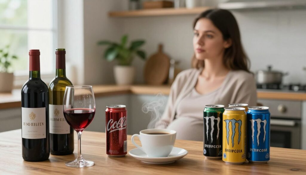 A clear, informative table setting displaying various beverages forbidden during pregnancy, including bottles of wine, cans of cola, cups of coffee, and energy drinks. In the foreground, a sparkling glass of red wine, a steaming coffee cup, and vibrant energy drink cans, arranged on a wooden table. The middle layer shows an elegant, health-conscious woman in modest casual clothing looking thoughtfully at the beverages, highlighting her awareness of nutritional choices. In the background, soft natural lighting filters in through a window, creating a calm atmosphere with green plants and kitchenware, evoking a sense of home and thoughtful consideration regarding safe consumption habits during pregnancy. The composition is framed at eye level, focusing on the drinks and the woman's contemplative expression.