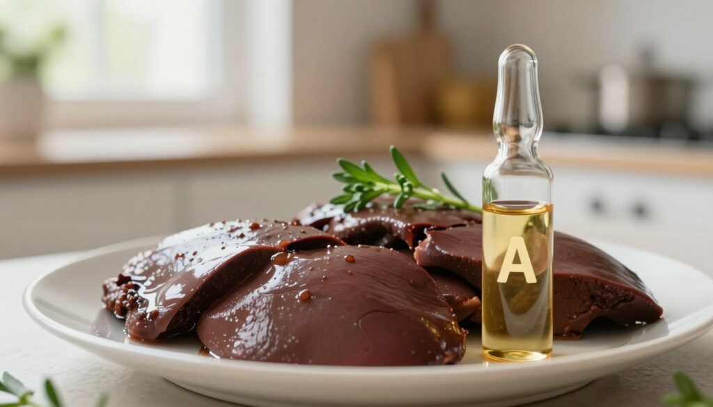 A close-up composition featuring a beautifully arranged plate of delicately cooked liver alongside a small glass vial of fish oil, symbolizing the connection between these two foods and their vitamin A content. The liver, glistening with a rich, deep hue, is garnished with fresh herbs for contrast. The glass vial reflects light subtly, emphasizing purity and caution. In the background, a soft-focus kitchen setting conveys a healthy cooking environment, with warm, natural light filtering through a nearby window. The overall mood is cautionary yet informative, highlighting the potential risks of excessive vitamin A intake during pregnancy. The image has a shallow depth of field, drawing attention to the liver and fish oil, while the background remains gently blurred.