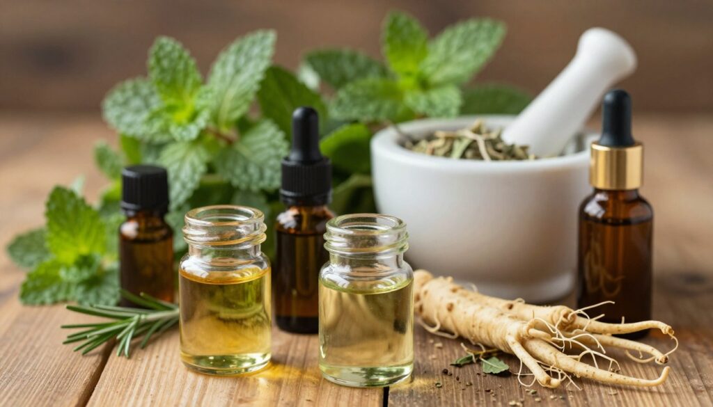 A close-up composition featuring essential active ingredients for hair growth treatments, arranged aesthetically on a wooden table. In the foreground, small glass jars filled with oils such as castor oil, essential oils like rosemary and peppermint, and herbal extracts like ginseng and horsetail are displayed. The middle layer highlights a mortar and pestle, used for grinding herbs, symbolizing the natural formulation process. In the background, softly blurred images of fresh herbs and plants contribute to a lush and organic feel. The warm, natural lighting creates an inviting atmosphere, enhancing the earthy tones of the ingredients. Use a shallow depth of field to focus on the jars, capturing the essence of a professional, botanical approach to hair care.