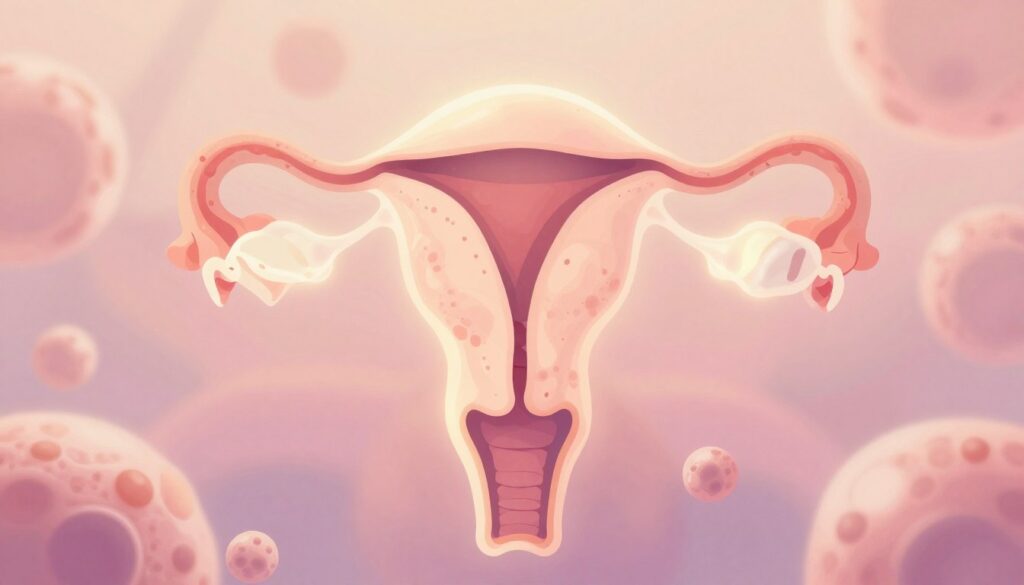 A close-up illustration of the uterus highlighted with a soft glow, depicting the physiological effects of progesterone during early pregnancy. The foreground shows the uterus intricately detailed, with warm light illuminating its contours, surrounded by hints of soft cellular textures representative of hormonal changes. In the middle ground, gentle, abstract shapes symbolize fluctuating hormone levels, while the background fades into soothing pastel colors that evoke a serene and comforting atmosphere. The overall composition conveys a sense of calmness and natural physiological processes, using soft focus and diffused lighting to enhance the organic feel. The image should be free of any textual elements, focusing solely on the biological and emotional aspects of early pregnancy.