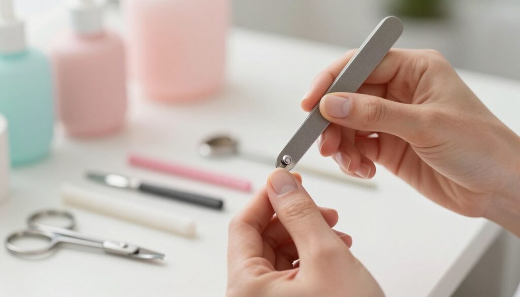 A close-up image of a person filing nails into an oval shape using a nail file. The foreground features meticulously manicured hands, showing clean and well-groomed nails, with a high-quality file in motion against the nails. The middle ground displays a softly focused nail care station with a variety of tools, such as scissors and buffers, arranged neatly. The background softly blurs to suggest a tranquil and well-lit salon environment with calming pastel colors. Soft, diffused natural light illuminates the scene, enhancing the details of the nails and tools, creating a serene and professional atmosphere. The mood is focused and calming, perfect for a detailed tutorial on nail shaping techniques.