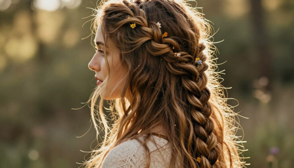 A close-up of a beautifully styled boho braid in long, flowing hair, set against a soft, natural backdrop. The braid should have intricate loops and textures, emphasizing volume and movement, with delicate wisps of hair framing the face. The lighting is warm and natural, capturing the golden hour glow, enhancing the hair's richness. Focus on the hair's details, showcasing braided patterns intertwined with small flowers, reflecting a bohemian spirit. The background features a blurred, sunlit forest scene, adding an ethereal touch to the composition. The atmosphere is relaxed and enchanting, inviting viewers to appreciate this trendy yet timeless hairstyle suitable for both everyday wear and special occasions. A close-up of a beautifully styled boho braid in long, flowing hair, set against a soft, natural backdrop. The braid should have intricate loops and textures, emphasizing volume and movement, with delicate wisps of hair framing the face. The lighting is warm and natural, capturing the golden hour glow, enhancing the hair's richness. Focus on the hair's details, showcasing braided patterns intertwined with small flowers, reflecting a bohemian spirit. The background features a blurred, sunlit forest scene, adding an ethereal touch to the composition. The atmosphere is relaxed and enchanting, inviting viewers to appreciate this trendy yet timeless hairstyle suitable for both everyday wear and special occasions.