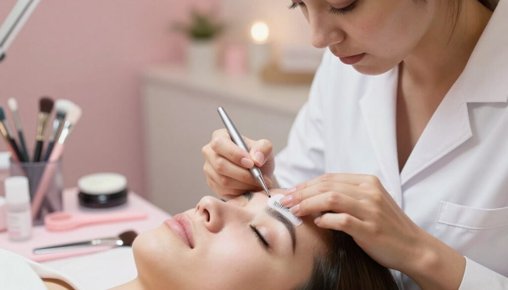A close-up of a beauty technician's hands skillfully performing eyelash lamination on a client's lashes. The foreground features a carefully arranged beauty setup, including an array of professional tools, gentle creams, and soft brushes. The technician, dressed in a stylish white lab coat, exudes professionalism and confidence. The middle ground shows the client's eyes, showcasing beautifully lifted and glossy lashes that capture light, while the background remains softly blurred, hinting at a serene and inviting salon environment with pastel-colored walls and calming decor. The lighting is soft and warm, creating a cozy and tranquil atmosphere, inviting viewers to explore the world of eyelash beauty treatments.