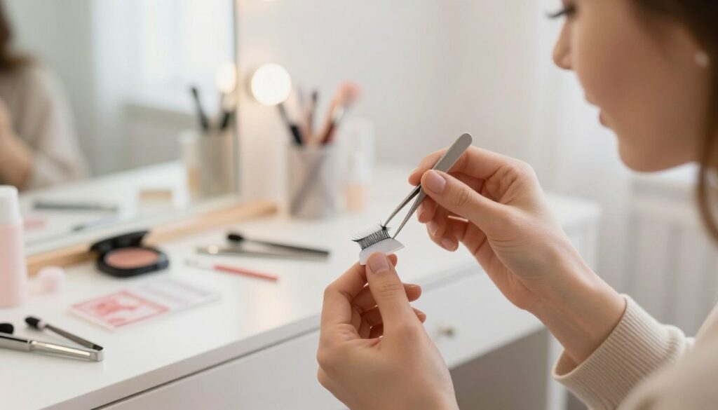 A close-up of a person gently removing magnetic eyelashes while sitting at a well-lit vanity. The foreground features the individual’s hands delicately holding a pair of tweezers and a set of magnetic lashes, showcasing their intricate design. The middle ground displays a beautifully organized makeup station with various tools and products. In the background, a soft-focus mirror reflects natural daylight, creating a serene and calming atmosphere. The person's attire is modest casual, such as a soft sweater, emphasizing a relaxed environment. The overall mood is peaceful and attentive, highlighting the careful and nurturing process of lash care. Use soft, natural lighting to enhance the detail of the lashes and facial features, capturing a sense of routine and self-care.