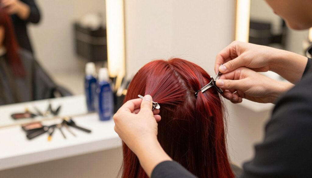 A close-up of a professional hairstylist preparing hair for color treatment, focusing on vibrant red hair in a salon setting. The stylist, wearing a stylish but modest outfit, is sectioning the hair with precision, using clips. Behind them, a softly blurred background of salon tools, shampoo bottles, and a large mirror reflecting warm, inviting lighting. The atmosphere is focused and calm, embodying a sense of anticipation for the hair transformation. Highlight the hair's texture and shine while showcasing the stylist’s meticulous technique. Use soft, natural lighting to gently illuminate the scene, enhancing the overall warm and professional mood. The composition should emphasize the action of preparation, creating an engaging visual experience. A close-up of a professional hairstylist preparing hair for color treatment, focusing on vibrant red hair in a salon setting. The stylist, wearing a stylish but modest outfit, is sectioning the hair with precision, using clips. Behind them, a softly blurred background of salon tools, shampoo bottles, and a large mirror reflecting warm, inviting lighting. The atmosphere is focused and calm, embodying a sense of anticipation for the hair transformation. Highlight the hair's texture and shine while showcasing the stylist’s meticulous technique. Use soft, natural lighting to gently illuminate the scene, enhancing the overall warm and professional mood. The composition should emphasize the action of preparation, creating an engaging visual experience.