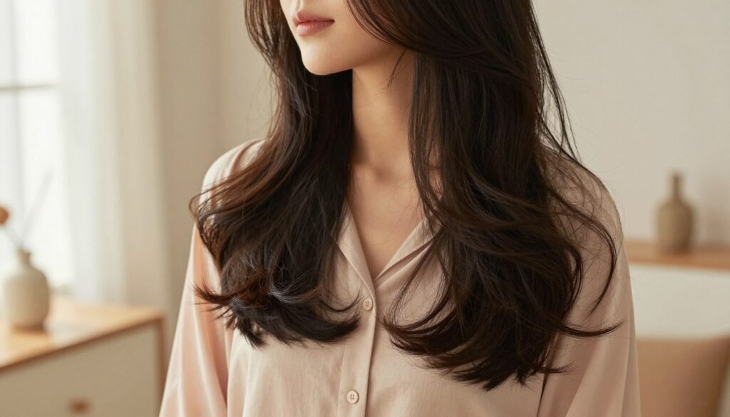 A close-up of a woman with long, flowing hair styled in soft, romantic waves, showcasing the beauty of "fale" without heat damage. She wears a chic, understated blouse in a pastel color, enhancing the elegance of the hairstyle. The hair cascades over her shoulders, with the waves defined and bouncy, reflecting a natural shine. The setting is a cozy, softly lit room with warm, inviting light filtering through a window, creating a gentle glow. The background features minimalistic decor, allowing the focus to remain on the hair. The image captures a tranquil atmosphere, emphasizing the effortless beauty of heatless styling techniques. The composition is shot from a slightly elevated angle, drawing attention to the hairstyle while maintaining a flattering perspective. A close-up of a woman with long, flowing hair styled in soft, romantic waves, showcasing the beauty of "fale" without heat damage. She wears a chic, understated blouse in a pastel color, enhancing the elegance of the hairstyle. The hair cascades over her shoulders, with the waves defined and bouncy, reflecting a natural shine. The setting is a cozy, softly lit room with warm, inviting light filtering through a window, creating a gentle glow. The background features minimalistic decor, allowing the focus to remain on the hair. The image captures a tranquil atmosphere, emphasizing the effortless beauty of heatless styling techniques. The composition is shot from a slightly elevated angle, drawing attention to the hairstyle while maintaining a flattering perspective.