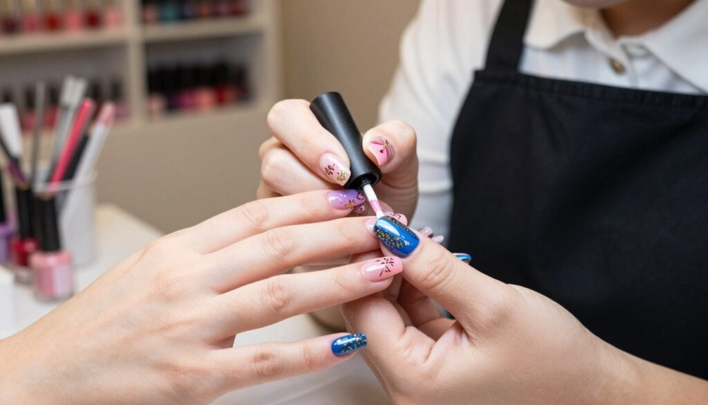 A close-up of beautifully decorated nails showcasing intricate nail art designs, including floral patterns, geometric shapes, and sparkling accents. The nails are elegantly manicured, reflecting a glossy finish with vibrant colors like pastel pinks, deep blues, and shimmering golds. In the foreground, a professional nail technician is carefully applying a final top coat, their hands visible, dressed in a stylish but modest black apron and white shirt. The background features a well-lit, modern nail salon with shelves filled with colorful nail polishes and art supplies. Soft, soothing lighting casts a warm glow, creating an inviting atmosphere, emphasizing the beauty and creativity involved in nail art. The angle captures the detail of the nail designs while showcasing the professionalism of the service. A close-up of beautifully decorated nails showcasing intricate nail art designs, including floral patterns, geometric shapes, and sparkling accents. The nails are elegantly manicured, reflecting a glossy finish with vibrant colors like pastel pinks, deep blues, and shimmering golds. In the foreground, a professional nail technician is carefully applying a final top coat, their hands visible, dressed in a stylish but modest black apron and white shirt. The background features a well-lit, modern nail salon with shelves filled with colorful nail polishes and art supplies. Soft, soothing lighting casts a warm glow, creating an inviting atmosphere, emphasizing the beauty and creativity involved in nail art. The angle captures the detail of the nail designs while showcasing the professionalism of the service.