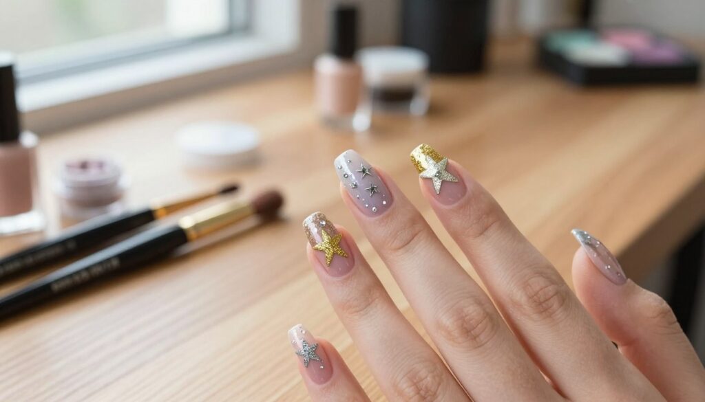 A close-up of elegantly manicured nails featuring star-shaped nail art in vibrant colors. The foreground showcases multiple fingers with intricate designs, highlighting a mix of glittering stars in gold, silver, and pastel shades, adorned with small jewels for added elegance. The middle ground includes a polished wooden table surface with a few nail art tools artistically arranged, such as brushes and glitter pots. Soft, diffused natural light filters from a nearby window, creating a warm and inviting atmosphere. The background is subtly blurred to keep the focus on the nails while hinting at a stylish, modern salon setting. The overall mood is chic and festive, perfect for everyday wear or special occasions.