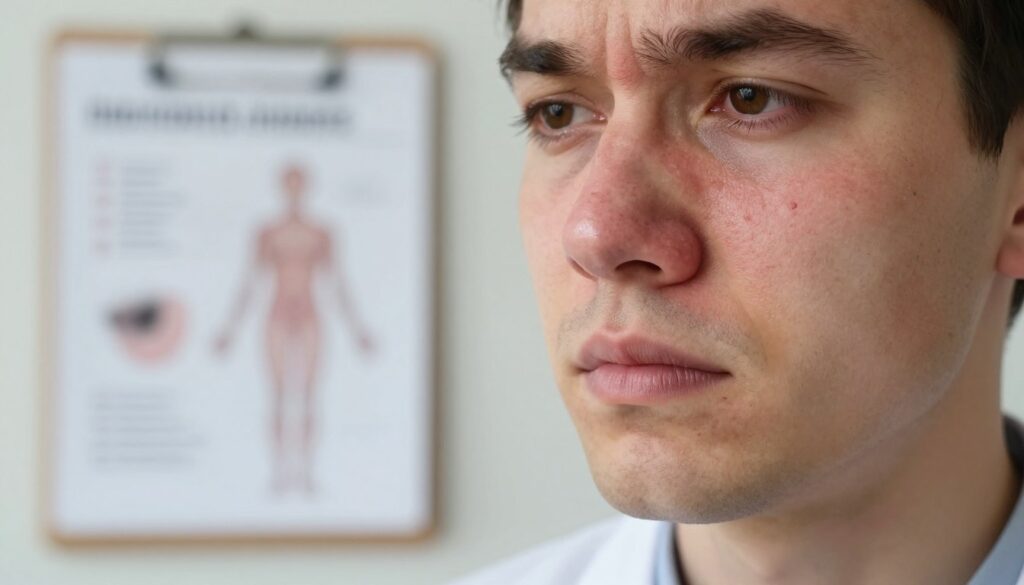 A close-up of irritated skin around the nose, showcasing redness and peeling typical of dermatitis. The foreground features a realistic depiction of a person's face, focusing on the nose area, displaying subtle inflammation and dry patches. The subject has a neutral expression, dressed in a simple, professional shirt, with soft, diffused lighting that emphasizes texture and detail. In the middle background, a softly blurred medical chart or dermatologist's tools suggest a clinical environment without distracting from the primary subject. The overall mood is educational and clinical, aiming to convey a sense of seriousness and care in skin health, with an emphasis on the condition's visual characteristics. A close-up of irritated skin around the nose, showcasing redness and peeling typical of dermatitis. The foreground features a realistic depiction of a person's face, focusing on the nose area, displaying subtle inflammation and dry patches. The subject has a neutral expression, dressed in a simple, professional shirt, with soft, diffused lighting that emphasizes texture and detail. In the middle background, a softly blurred medical chart or dermatologist's tools suggest a clinical environment without distracting from the primary subject. The overall mood is educational and clinical, aiming to convey a sense of seriousness and care in skin health, with an emphasis on the condition's visual characteristics.