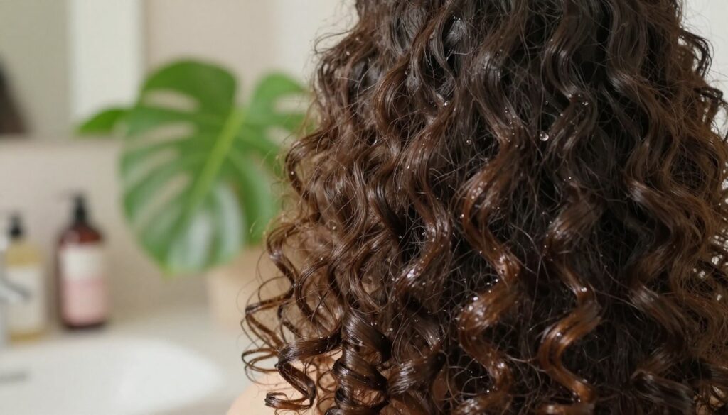A close-up of lush, defined curly hair glistening with moisture, showcasing the beauty and texture of well-hydrated locks. In the foreground, droplets of water slide off the curls, emphasizing hydration. The middle ground features vibrant green leaves, symbolizing nature and nourishment, softly blurred to draw attention to the hair. In the background, a sunlit bathroom setting with gentle, warm lighting creates a serene and inviting atmosphere. A subtle hint of shampoo bottles arranged neatly on the counter adds context without distraction. The overall mood is fresh and rejuvenating, reflecting the theme of moisturizing curly hair care, emphasizing the importance of hydration in hair products. The scene should evoke a sense of care and well-being, perfect for a beauty article.