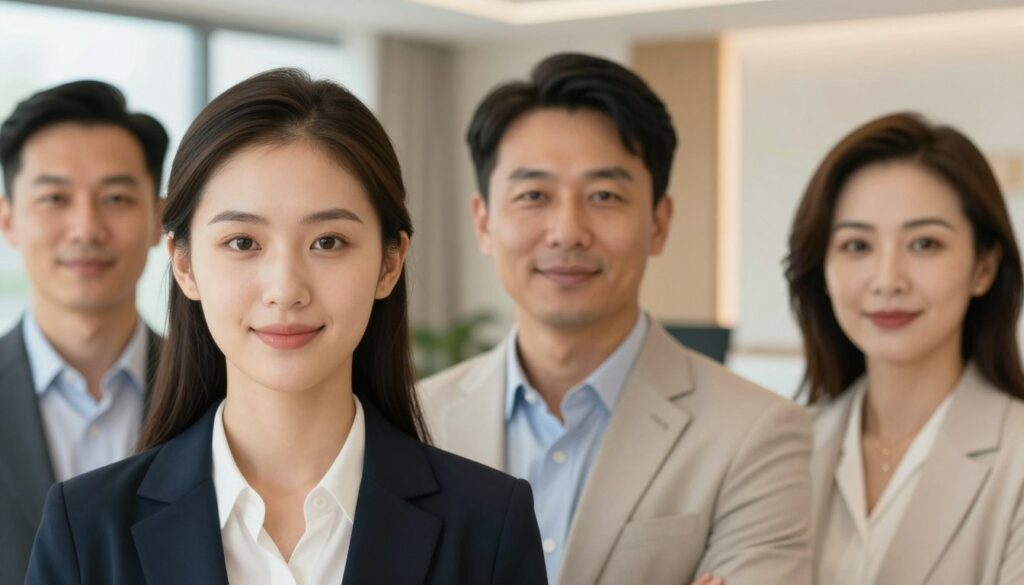 A close-up portrait of a diverse group of individuals, including a confident young woman with enhanced cheekbones, a middle-aged man with a well-defined jawline, and a mature woman with subtle, graceful facial contours. They are all dressed in professional business attire, displaying natural expressions of satisfaction and confidence. The background features a soft-focus aesthetic clinic interior, showcasing modern, elegant decor with warm tones. Natural light filters through large windows, creating a gentle, inviting atmosphere. The image should emphasize the harmony of their facial features, illustrating the aesthetic benefits of facial volumetry, with a focus on smooth skin and enhanced facial structure. The composition should have a slight depth of field, bringing attention to the subjects while maintaining an ambient, encouraging mood.
