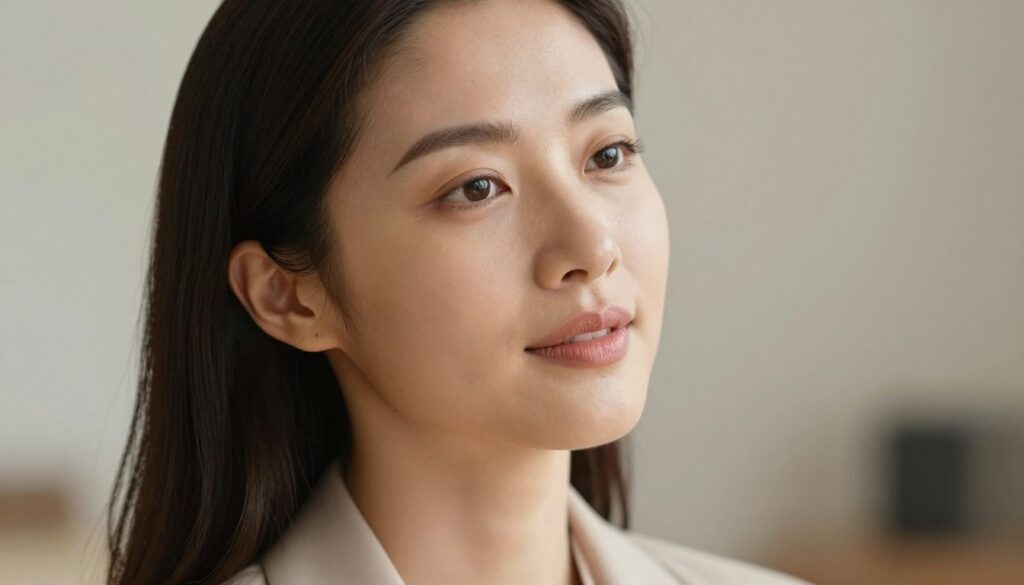 A close-up portrait of a diverse professional woman showcasing facial volumetry techniques, highlighting subtle enhancements to her cheekbones and jawline. The subject is wearing modest, elegant business attire and has a soft, natural makeup look that accentuates her features. The image captures her head tilted slightly to the side, allowing for a three-dimensional view of her face, creating an engaging interplay of light and shadow. Soft, diffused lighting illuminates her face, creating a warm and inviting atmosphere. The background is a blurred, neutral tone that emphasizes the subject, enhancing the focus on the facial features and the effects of volumetry. The lens is a portrait-style, with a shallow depth of field, giving a professional and polished look.