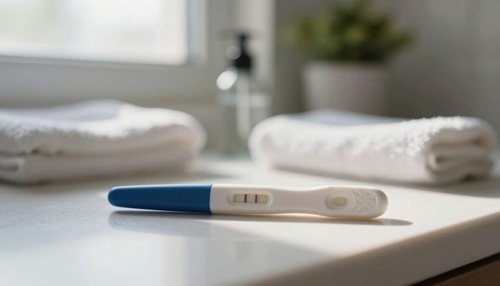 A close-up scene of a pregnancy test resting on a bathroom counter, with soft, natural light filtering through a nearby window, creating a calm and contemplative atmosphere. In the foreground, the test displays faint lines indicating uncertainty, symbolizing the question of accuracy. In the middle ground, blurred but recognizable bathroom items such as a clean towel and a plant add a homely touch. In the background, soft shadows hint at additional bathroom fixtures. The composition should evoke a sense of curiosity and caution, encouraging viewers to ponder the possible outcomes of a pregnancy test. The mood is serene and introspective, perfect for illustrating the topic of detection uncertainty in pregnancy tests. A close-up scene of a pregnancy test resting on a bathroom counter, with soft, natural light filtering through a nearby window, creating a calm and contemplative atmosphere. In the foreground, the test displays faint lines indicating uncertainty, symbolizing the question of accuracy. In the middle ground, blurred but recognizable bathroom items such as a clean towel and a plant add a homely touch. In the background, soft shadows hint at additional bathroom fixtures. The composition should evoke a sense of curiosity and caution, encouraging viewers to ponder the possible outcomes of a pregnancy test. The mood is serene and introspective, perfect for illustrating the topic of detection uncertainty in pregnancy tests.