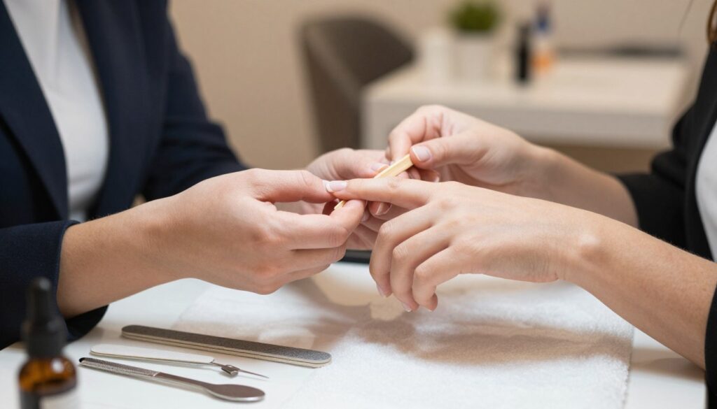 A close-up scene of a professional nail technician preparing nails for filing. The technician, dressed in smart casual attire, is gently pushing back cuticles with a wooden stick, showcasing pristine, well-manicured nails. In the foreground, a well-organized nail care station is visible, featuring tools such as a nail file, buffer, and cuticle oil, all meticulously arranged. The background softly blurs, revealing a modern salon ambiance with warm, inviting lighting. The overall atmosphere is calm and focused, emphasizing the importance of proper nail preparation to protect the nail bed and ensure a perfect filing process. The image should capture the delicate, attentive nature of nail care.