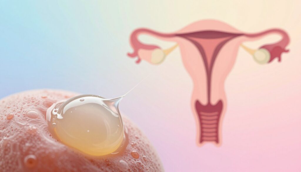 A close-up, scientifically accurate depiction of cervical mucus at the point of ovulation. In the foreground, a microscopic view shows clear, stretchy, and elastic cervical mucus resembling raw egg whites, symbolizing fertility. In the middle ground, a graphic representation of the female reproductive system is displayed subtly, illustrating ovaries and the uterus, while maintaining an educational and professional aesthetic. The background features soft, warm lighting that gives a nurturing atmosphere, with a gradient of pastel colors transitioning from light blue to pale pink, enhancing the focus on the biological elements. The overall mood is calm and informative, aiming to educate viewers about ovulation signs.