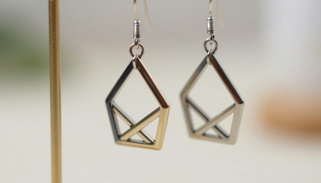 A close-up shot of stunning geometric earrings designed with sharp lines and contrasting colors, capturing their elegance and modern style. The earrings are made of polished metal, featuring intricate patterns that catch the light beautifully. In the foreground, the earrings hang elegantly from a delicate stand that complements their design. The background softly blurs into a neutral tone, allowing the earrings to pop visually. Soft, diffused natural lighting highlights the contours and textures of the earrings, creating an inviting atmosphere. Overall, the image conveys sophistication and artistic flair, perfect for illustrating the beauty of geometric shapes in jewelry design.