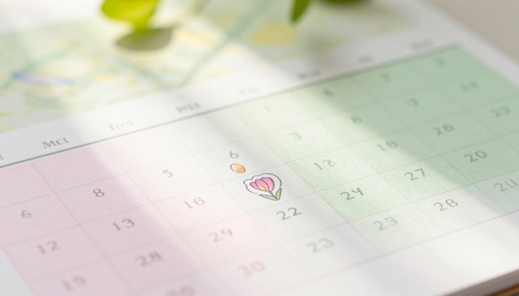 A close-up view of a beautifully arranged calendar page showcasing the menstrual cycle, with highlighted days symbolizing fertile days. The foreground features soft pastel colors, illustrating a mix of light pinks and greens to represent femininity and health. In the middle ground, hand-drawn icons or symbols of ovulation and fertility, like a blooming flower and a tiny egg, subtly integrated into the calendar. The background shows a gentle, blurred depiction of nature, suggesting growth and renewal, perhaps with soft light filtering through leaves, evoking tranquility and understanding. The overall mood is educational yet serene, intended to convey a sense of clarity and enlightenment about menstrual health. Soft, natural lighting adds warmth, and the image should be framed from a slight angle to create depth and perspective.