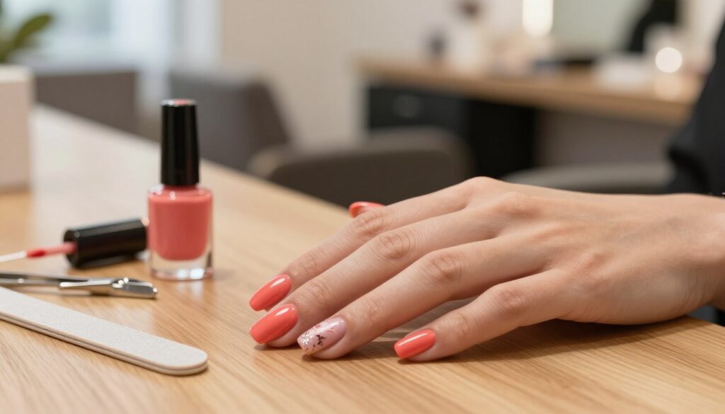 A close-up view of a beautifully manicured hand with hybrid nail polish, showcasing a glossy finish in a vibrant shade of coral. The nails are elegantly shaped, featuring subtle designs like delicate floral patterns or shimmering accents. In the foreground, the hand rests on a clean, polished wooden countertop, adorned with various manicure tools such as a file, cuticle oil, and a bottle of the hybrid nail polish. In the background, softly blurred, an inviting salon environment is visible with modern furniture and soothing lighting that creates a relaxing atmosphere. The scene captures a sense of elegance and professionalism, perfect for illustrating the luxurious experience of a hybrid manicure in a contemporary salon setting. The lighting is warm and natural, enhancing the colors and textures of the nails. A close-up view of a beautifully manicured hand with hybrid nail polish, showcasing a glossy finish in a vibrant shade of coral. The nails are elegantly shaped, featuring subtle designs like delicate floral patterns or shimmering accents. In the foreground, the hand rests on a clean, polished wooden countertop, adorned with various manicure tools such as a file, cuticle oil, and a bottle of the hybrid nail polish. In the background, softly blurred, an inviting salon environment is visible with modern furniture and soothing lighting that creates a relaxing atmosphere. The scene captures a sense of elegance and professionalism, perfect for illustrating the luxurious experience of a hybrid manicure in a contemporary salon setting. The lighting is warm and natural, enhancing the colors and textures of the nails.