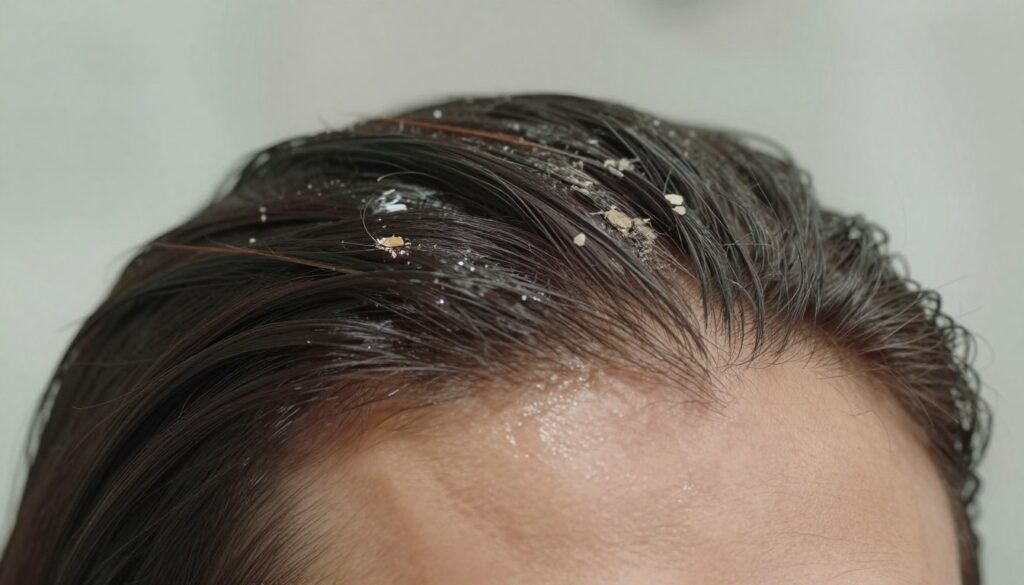 A close-up view of a healthy human scalp exhibiting different conditions: oily, sensitive, and dandruff-prone areas. The foreground features detailed textures of the scalp skin, showcasing natural variations in oiliness and dryness. In the middle ground, a contrasting light source highlights glistening patches of oil and the flaky texture of dandruff, symbolizing the challenges of hair care. The background is softly blurred, suggesting a serene bathroom environment with soft, diffused lighting that enhances the feeling of calmness and care. The overall atmosphere is informative and professional, showcasing the importance of selecting the right shampoo for different scalp conditions, with a clean and clinical aesthetic.