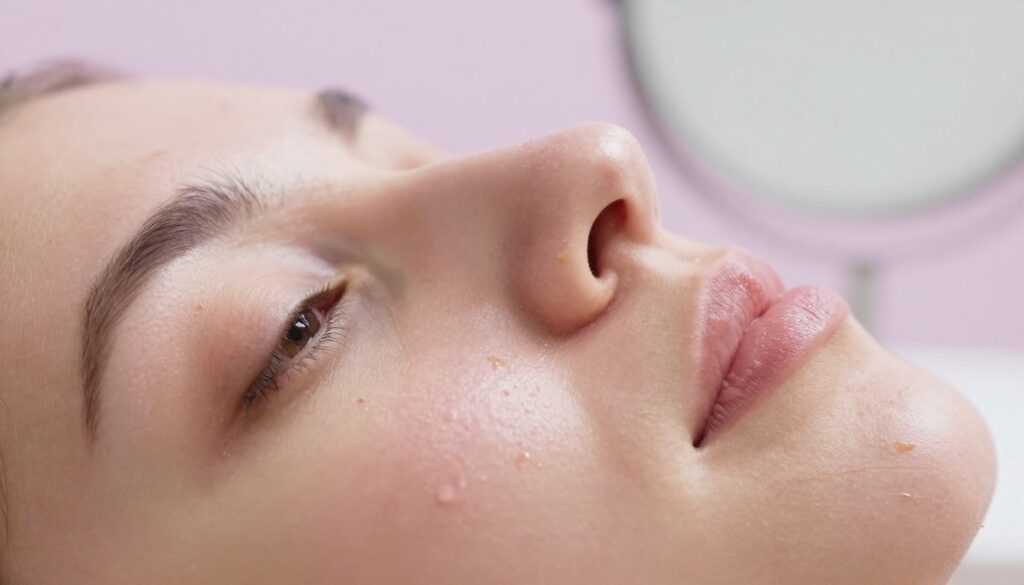 A close-up view of a human face focusing on the area around a nose displaying closed comedones. The skin texture should be highlighted, showing small, slightly raised bumps that represent the trapped oil and dead skin. The lighting is soft and diffused, creating a gentle glow that accentuates the features without harsh shadows. In the background, a blurred vanity mirror reflects soft pastel colors to evoke a calm, skincare environment. The camera is positioned at a slight angle, enhancing the depth and detail of the skin. The mood is educational and clinical, aiming to convey the importance of proper skincare without the use of harsh methods like squeezing or extracting comedones.