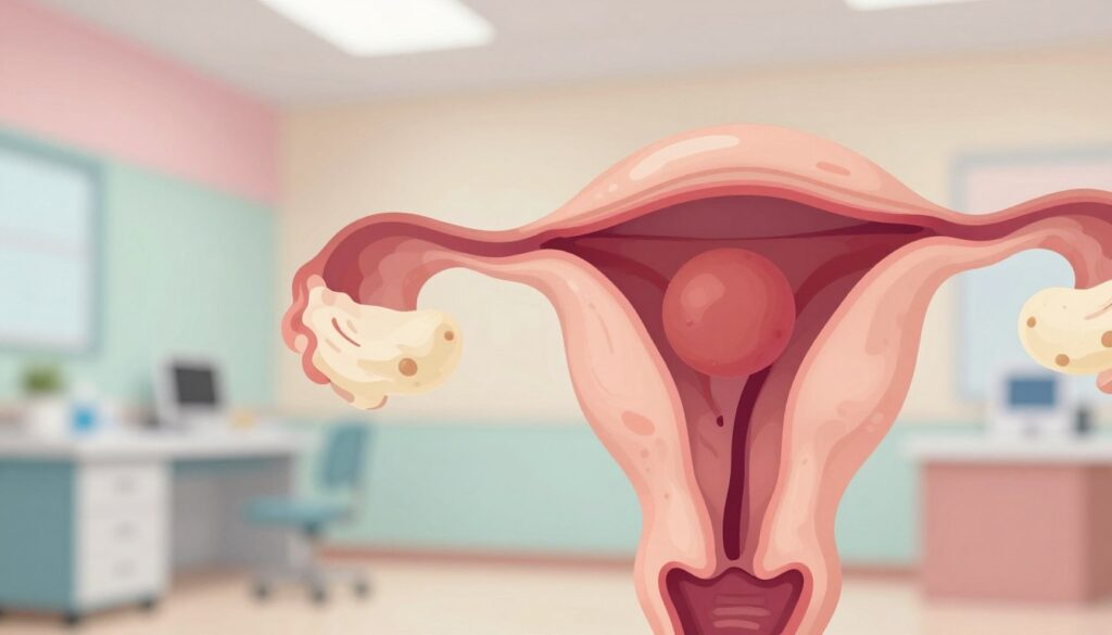 A close-up view of a medical illustration depicting the phenomenon of implantation bleeding in early pregnancy. In the foreground, highlight a detailed, anatomical representation of a uterus with a visible embryo implanting into the uterine lining, showcasing subtle signs of light spotting. The middle ground features a soft-focus background of a serene clinic environment with pastel-colored walls and gentle ambient lighting. Include soft, diffused lighting to convey a calm and reassuring atmosphere, evoking feelings of hope and new beginnings. Capture the scene from a slightly elevated angle to enhance the focus on the uterine detail, ensuring the image remains professional and educational, devoid of any human figures or excessive decoration.