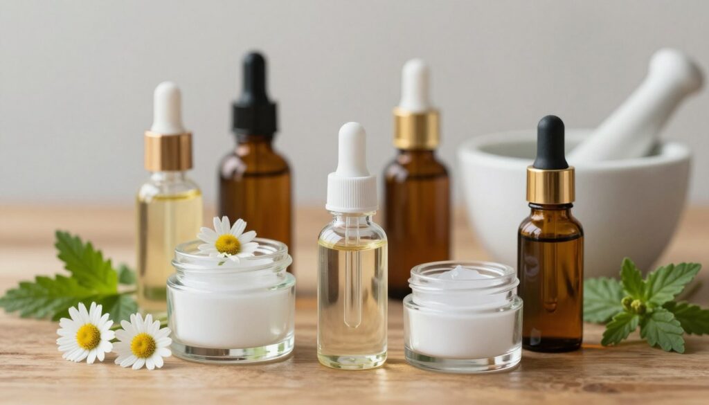 A close-up view of a variety of active ingredients used for skin treatments, prominently featuring a selection of natural extracts and essential oils in elegant glass jars and bottles. The foreground showcases ingredients like chamomile, hyaluronic acid, and neem oil arranged harmoniously on a polished wooden surface. The middle ground includes delicate green leaves and a mortar and pestle, hinting at the organic nature of these substances. The background is softly blurred, featuring neutral tones to maintain focus on the ingredients. Soft, diffused lighting enhances the natural colors and textures, creating a calming atmosphere. The overall mood is soothing and professional, emphasizing the therapeutic qualities of the ingredients, ideal for a skincare context. A close-up view of a variety of active ingredients used for skin treatments, prominently featuring a selection of natural extracts and essential oils in elegant glass jars and bottles. The foreground showcases ingredients like chamomile, hyaluronic acid, and neem oil arranged harmoniously on a polished wooden surface. The middle ground includes delicate green leaves and a mortar and pestle, hinting at the organic nature of these substances. The background is softly blurred, featuring neutral tones to maintain focus on the ingredients. Soft, diffused lighting enhances the natural colors and textures, creating a calming atmosphere. The overall mood is soothing and professional, emphasizing the therapeutic qualities of the ingredients, ideal for a skincare context.