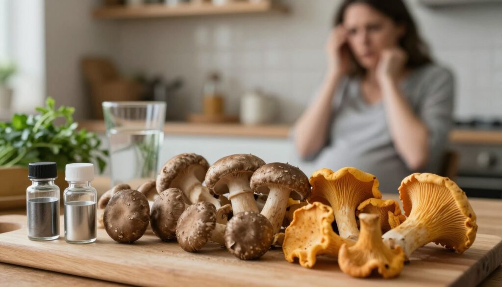A close-up view of an array of mushrooms on a wooden cutting board, surrounded by small vials containing heavy metals like lead and mercury, reflecting the potential risks of consuming wild mushrooms. In the foreground, focus on the detailed textures of the mushrooms, highlighting both edible and toxic varieties, such as chanterelles and amanitas. The middle ground features a softly lit kitchen setting, with herbs and a glass of water, symbolizing health and safety. In the background, a blurred view of a worried-looking pregnant woman in a cozy kitchen, dressed in modest casual clothing, conveying a mood of caution and awareness. Use warm, natural lighting to create a feeling of seriousness yet hope, capturing the essence of the risks associated with mushrooms.