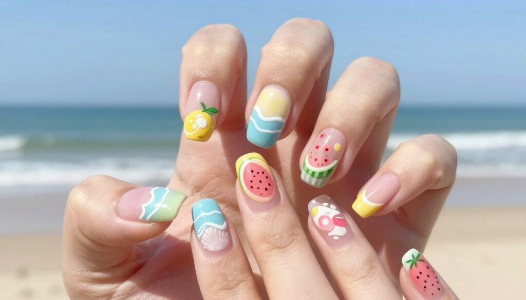 A close-up view of beautifully manicured summer nails adorned with vibrant and playful designs. The foreground features a hand with glossy, pastel-colored nails showcasing intricate nail art inspired by summer themes, such as ripe fruits like lemons and watermelons, and serene ocean elements like delicate waves and seashells. In the middle ground, soft natural light accentuates the glossy finish of the nails, enhancing the intricate details of the designs. The background is softly blurred, featuring a summery beach scene with gentle waves and a clear blue sky, creating a warm, cheerful atmosphere. The overall mood is fresh and uplifting, showcasing the latest nail art trends for summer without any text or overlays. Ideal for capturing the essence of trendy summer nail designs.