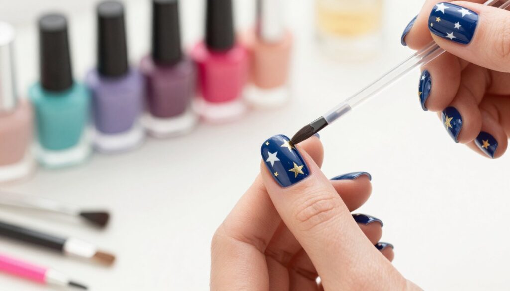 A close-up view of beautifully painted nails featuring star designs, showcasing a step-by-step tutorial on nail art. In the foreground, focus on a woman's hand gently poised, with the nails painted in a rich dark blue color, adorned with shiny gold and white stars. The stars are meticulously detailed and evenly spaced, demonstrating an expert technique. In the middle, a semi-transparent nail art brush is poised above the nails, giving a sense of action. The background is softly blurred, featuring a well-organized nail art workspace with colorful nail polish bottles and tools arranged neatly to create an inviting atmosphere. The lighting is bright and cheerful, emphasizing the vibrant colors of the nail designs. The overall mood is creative and instructional, suitable for showcasing nail art techniques.