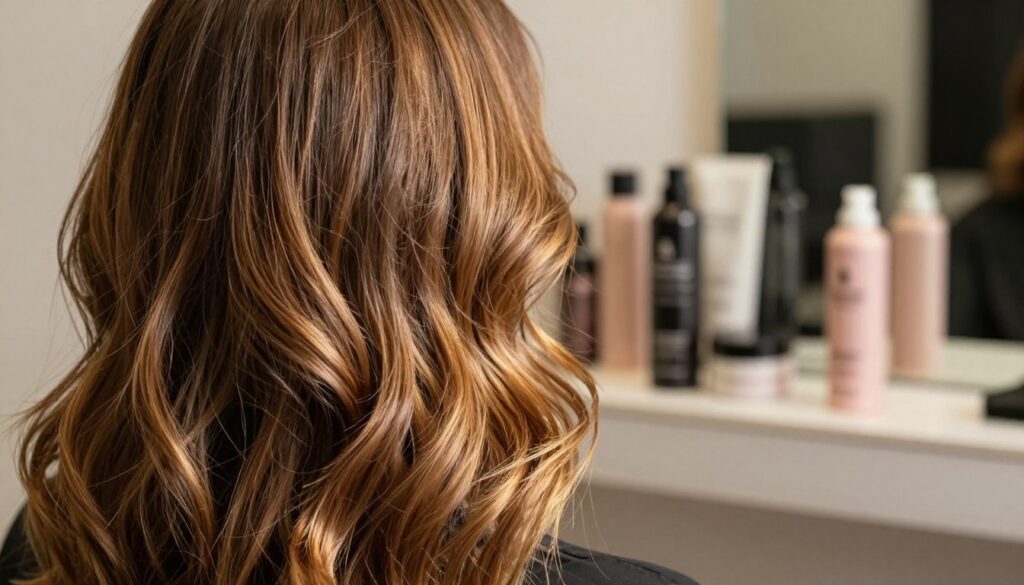 A close-up view of beautifully styled hair showcasing a range of textures and colors, with soft, flowing locks illuminated by warm, natural light. In the foreground, the hair is elegantly swept to one side, emphasizing its volume and shine. The middle ground features a blurred background of a modern salon setting, with stylish hair products neatly arranged on a shelf, creating an inviting atmosphere. The lighting casts gentle highlights and shadows, lending a sense of depth and dimensionality. Capture the feeling of sophistication and modernity, reflecting how contemporary hair spray formulas enhance hair without weighing it down. The scene should convey a sense of elegance and care in hair styling, suitable for a professional audience.