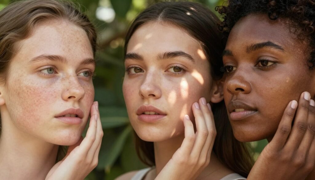 A close-up view of diverse human skin tones showcasing variations in melanin levels, highlighting areas of hyperpigmentation. In the foreground, a light-skinned individual with freckles and a darker-skinned person with clear, smooth skin interactively touching their cheeks, symbolizing the contrast in melanin and facial pigmentation. The middle ground features a sunbeam filtering through leaves, creating dappled light patterns on their skin. The background showcases an outdoor setting with soft greenery, conveying a natural atmosphere. The lighting is warm and gentle, enhancing skin textures and features. The image should evoke a sense of curiosity about skin health and the science behind pigmentation changes due to sun exposure and hormonal fluctuations. No text or signatures present.