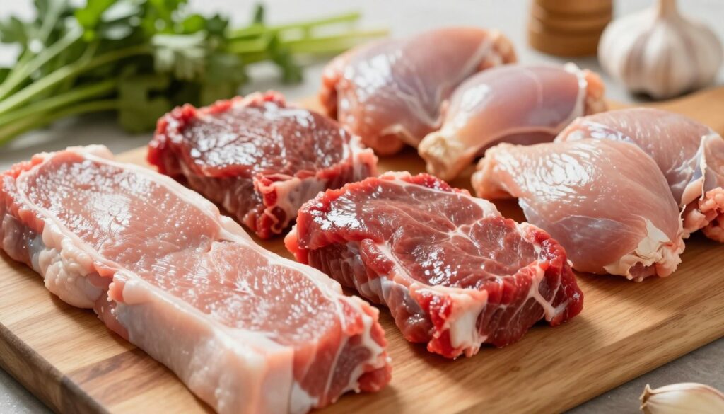 A close-up view of raw meat, including various cuts like beef, chicken, and pork, arranged aesthetically on a wooden cutting board. The meat appears fresh with vibrant colors, displaying a raw, glistening texture that emphasizes its vivid red and pink hues. In the background, out-of-focus ingredients such as fresh herbs and garlic cloves suggest a kitchen setting, with soft, natural lighting filtering in, creating a warm and inviting atmosphere. The camera angle is slightly above, allowing the viewer to appreciate the details of the meat. Overall, the image conveys a sense of caution regarding food safety, particularly in the context of health risks associated with consuming raw meat during pregnancy. No text or additional elements present.