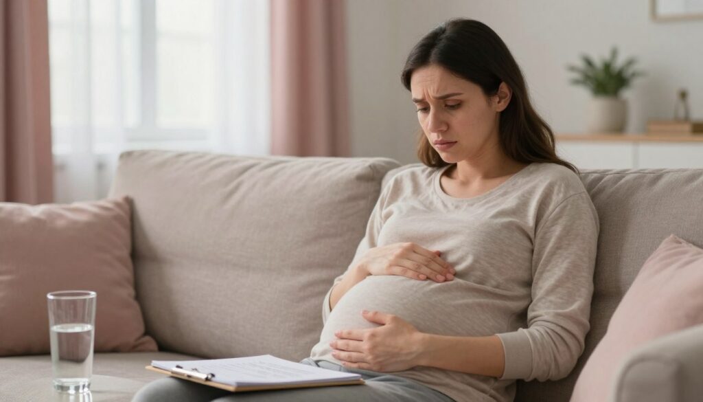 A concerned pregnant woman, in her third trimester, sits on a couch in a softly lit living room, holding her belly with a worried expression. Her attire is modest and comfortable, conveying a sense of seriousness. In the foreground, a glass of water and a notepad with a list of alarming symptoms are visible beside her, enhancing the focus on the topic of health. The middle layer shows a window with soft, diffused natural light filtering through, symbolizing hope amidst worry. The background features calming pastel colors and gentle decor, creating a comforting atmosphere. Overall, the image should evoke a sense of urgency while also conveying support and care, with a focus on the mother's health concerns during the eighth month of pregnancy. A concerned pregnant woman, in her third trimester, sits on a couch in a softly lit living room, holding her belly with a worried expression. Her attire is modest and comfortable, conveying a sense of seriousness. In the foreground, a glass of water and a notepad with a list of alarming symptoms are visible beside her, enhancing the focus on the topic of health. The middle layer shows a window with soft, diffused natural light filtering through, symbolizing hope amidst worry. The background features calming pastel colors and gentle decor, creating a comforting atmosphere. Overall, the image should evoke a sense of urgency while also conveying support and care, with a focus on the mother's health concerns during the eighth month of pregnancy.