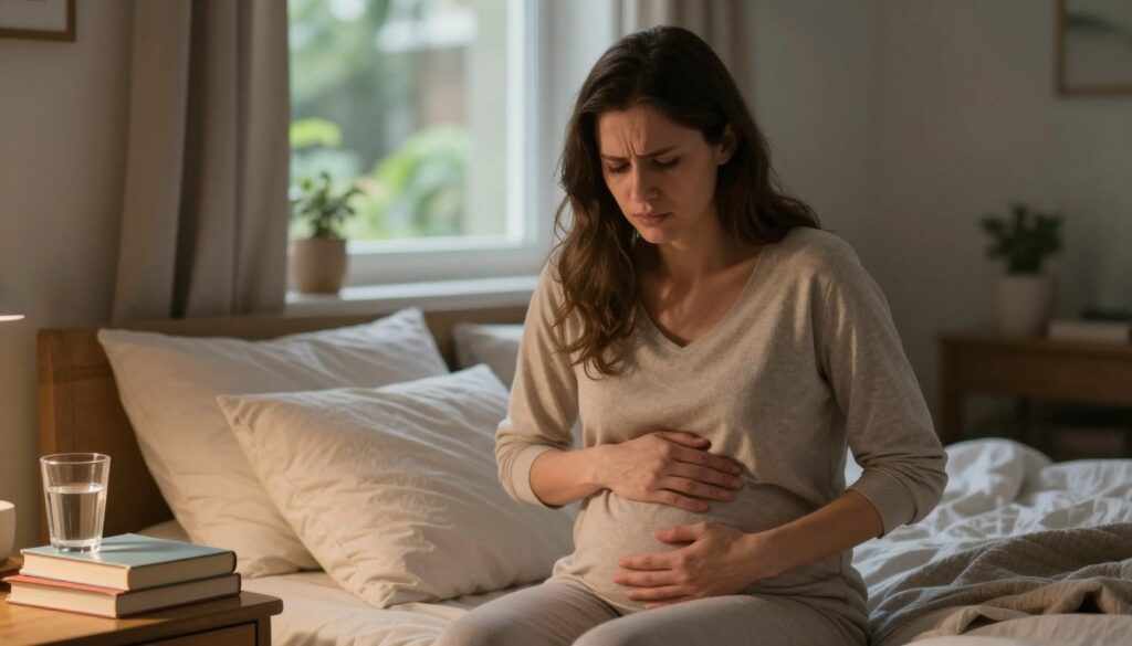 A concerned woman in her early pregnancy sits on a cozy bed, gently holding her stomach with a pained expression on her face, conveying discomfort. Her modest clothing is soft and neutral-toned, reflecting the calm yet serious atmosphere of the moment. In the foreground, a bedside table is visible, holding a glass of water and a stack of pregnancy books, hinting at her search for answers. In the middle ground, a softly lit room with warm hues creates a comforting yet tense environment. The background features a softly blurred window revealing a serene garden outside, emphasizing the contrast between her inner turmoil and the peaceful world outside. Subtle, warm lighting highlights her expression, focusing on the mood of concern and the importance of health awareness.