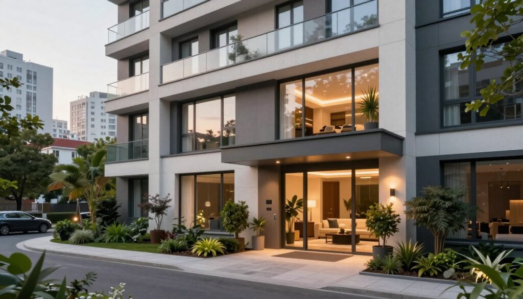 A contemporary urban setting showcasing a stylish, modern apartment building that reflects the lifestyle of Jacek Murański. In the foreground, a well-maintained entrance with lush greenery and subtle outdoor lighting, creating an inviting atmosphere. The middle ground features large windows with a glimpse of a cozy interior, suggesting a comfortable living space, elegantly furnished, perhaps with plants and warm colors. The background captures the skyline of a vibrant city, bathed in soft, late afternoon sunlight that casts gentle shadows. The mood is serene and polished, conveying a sense of security and refinement, ideal for depicting the private life of a public figure. The image should be vibrant yet professional, maintaining a focus on the architectural details without any human subjects.