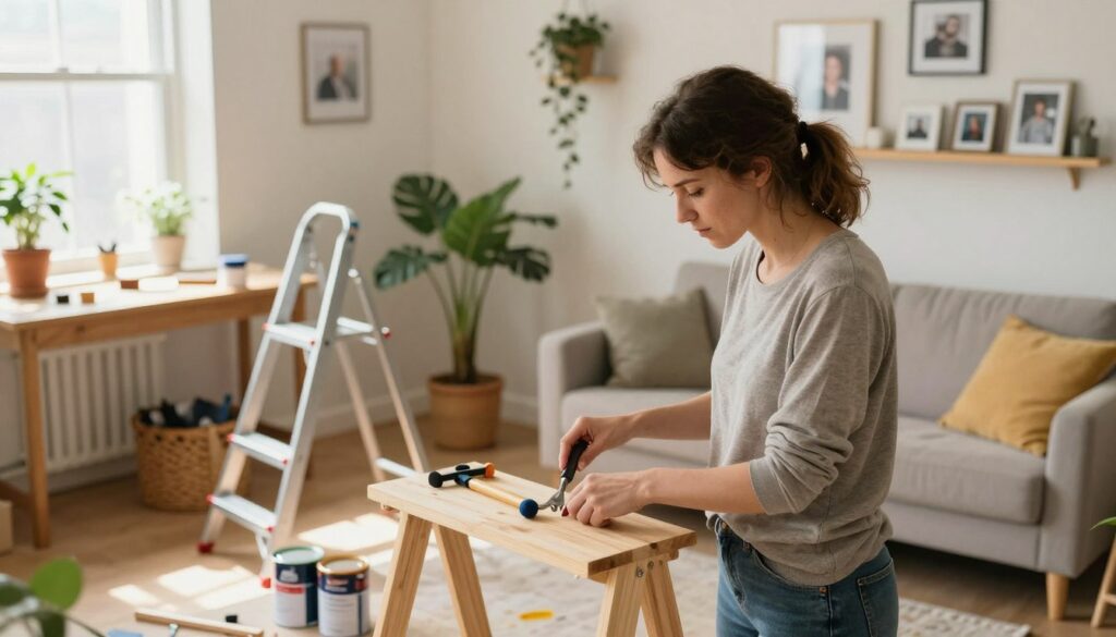 A cozy and inviting home interior showcasing Joanna Senyszyn's daily life. In the foreground, a woman in modest casual clothing is working on a small home renovation project, using tools to fix a wooden shelf. The scene captures her concentration and independence. In the middle ground, there are partially completed tasks: paint cans, a small ladder, and a well-organized workspace that reflect a "do-it-yourself" spirit. The background shows a well-lit room adorned with plants and personal touches, such as family photos and curated home decor. Soft natural light streams through a window, creating a warm and uplifting atmosphere. The angle is slightly elevated, providing a comprehensive view of the space while maintaining focus on the subject's efforts in home improvement. A cozy and inviting home interior showcasing Joanna Senyszyn's daily life. In the foreground, a woman in modest casual clothing is working on a small home renovation project, using tools to fix a wooden shelf. The scene captures her concentration and independence. In the middle ground, there are partially completed tasks: paint cans, a small ladder, and a well-organized workspace that reflect a "do-it-yourself" spirit. The background shows a well-lit room adorned with plants and personal touches, such as family photos and curated home decor. Soft natural light streams through a window, creating a warm and uplifting atmosphere. The angle is slightly elevated, providing a comprehensive view of the space while maintaining focus on the subject's efforts in home improvement.