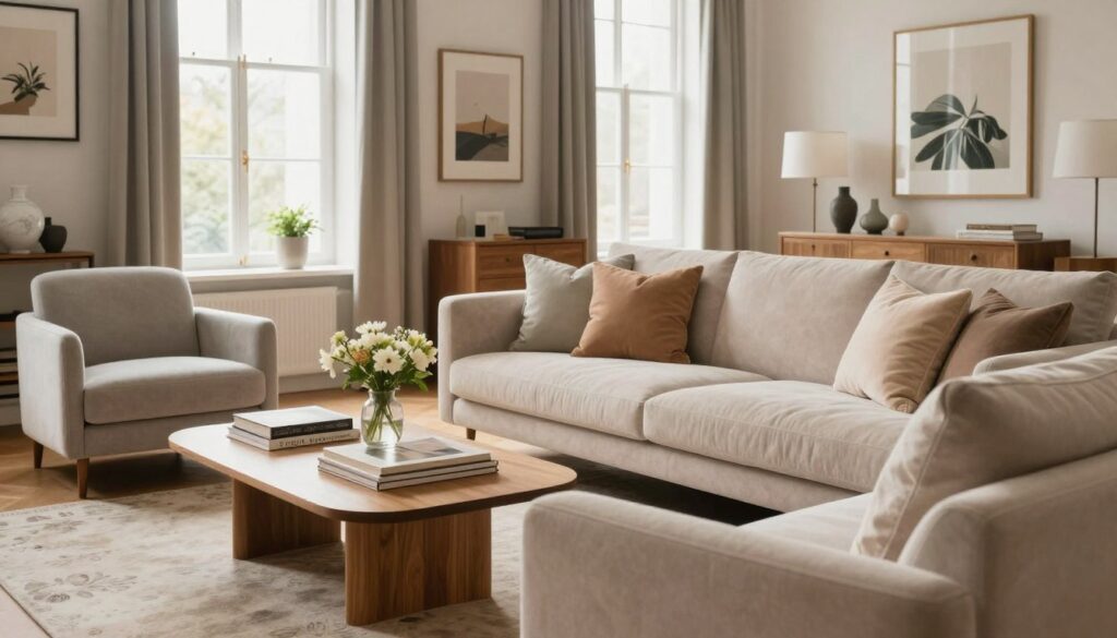 A cozy and stylish living room curated by Joanna Senyszyn, featuring modern furniture in a harmonious blend of soft pastel colors and warm wooden accents. The foreground highlights a plush, inviting sofa adorned with elegant cushions, paired with a sleek coffee table displaying art books and a small vase of fresh flowers. In the middle, a contemporary armchair complements the sofa, surrounded by tasteful décor items that embody a sense of individuality and comfort. The background reveals large windows allowing natural light to flood the space, illuminating framed artworks on the walls. The atmosphere is serene and sophisticated, evoking a sense of calm and inspiration, perfect for a creative soul. Soft, diffused lighting enhances the inviting ambiance of this elegant apartment interior. A cozy and stylish living room curated by Joanna Senyszyn, featuring modern furniture in a harmonious blend of soft pastel colors and warm wooden accents. The foreground highlights a plush, inviting sofa adorned with elegant cushions, paired with a sleek coffee table displaying art books and a small vase of fresh flowers. In the middle, a contemporary armchair complements the sofa, surrounded by tasteful décor items that embody a sense of individuality and comfort. The background reveals large windows allowing natural light to flood the space, illuminating framed artworks on the walls. The atmosphere is serene and sophisticated, evoking a sense of calm and inspiration, perfect for a creative soul. Soft, diffused lighting enhances the inviting ambiance of this elegant apartment interior.