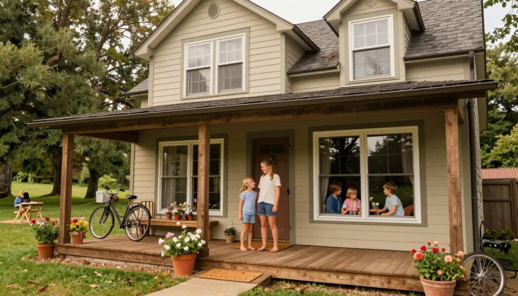A cozy family home in a serene rural setting, inspired by Julia Szeremeta's roots. In the foreground, a classic wooden porch adorned with potted flowers and a welcoming doormat. The middle ground showcases the charming two-story house, with warm, inviting colors and large windows reflecting the family’s love. In the background, lush greenery and trees provide a tranquil atmosphere, hinting at a spacious yard perfect for outdoor activities. Soft, natural lighting creates a warm and nostalgic mood, reminiscent of family gatherings. The angle captures the essence of home life, emphasizing unity and support, with subtle touches that highlight Julia’s athletic achievements, like a bicycle leaned against the porch. No text or people in the image, focusing solely on the family home and surrounding nature.