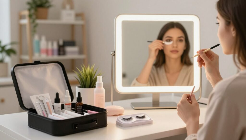 A cozy home setting designed for eyelash lamination, featuring a neatly organized beauty table. In the foreground, a professional-looking beauty kit with various tools and products for eyelash lamination, including serums and applicators. A pair of elegantly styled eyelashes on a small display, showcasing the results of the treatment. In the middle ground, a well-lit mirror reflecting a person (in modest casual clothing) demonstrating the lamination process. Include soft, warm lighting to create an inviting atmosphere. In the background, shelves lined with beauty products and some natural elements like houseplants, enhancing the feeling of a serene home spa environment. The overall mood should feel relaxing and professional.