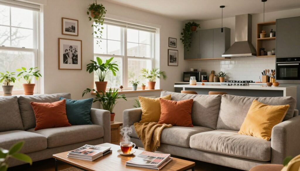 A cozy, modern home interior depicting Viki Gabor's living space, filled with warmth and personal touches. In the foreground, a stylish living room with a comfortable sofa adorned with colorful cushions. A coffee table rests nearby, scattered with magazines and a steaming cup of tea. In the middle, a large window brings in natural light, highlighting potted plants and framed photos on the walls. The background features a well-organized kitchen with contemporary appliances, seamlessly integrated. The atmosphere is inviting and vibrant, suggesting a blend of creativity and comfort. Use soft afternoon lighting to create a relaxed mood, capturing a sense of everyday life. The scene should feel intimate yet lively, showcasing a blend of modern décor and personal flair.