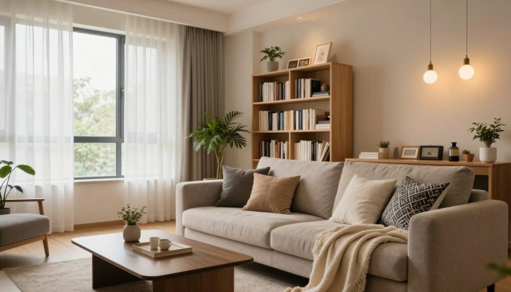 A cozy, modern living room that reflects a stylish yet comfortable atmosphere. In the foreground, a neatly arranged sofa adorned with decorative cushions and a soft throw, accompanied by a sleek coffee table. In the middle, a well-lit space featuring a contemporary bookshelf filled with books and personal mementos, and a small indoor plant adding a touch of greenery. The background shows a large window allowing natural light to flood the room, with sheer curtains gently draping to the sides. Soft, warm lighting fixtures hang from the ceiling, creating an inviting ambiance. The overall mood should evoke a sense of tranquility and homeliness, capturing the essence of a personal living space.