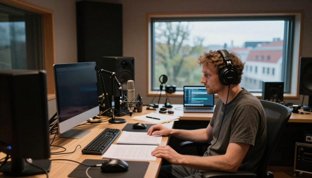 A cozy, modern recording studio interior where Marcin Kydryński creates his radio shows. In the foreground, a sleek sound booth with high-end microphones and headphones, subtly illuminated by warm, soft lighting that casts a welcoming glow. The middle ground features a stylish desk cluttered with notes, a laptop, and personal items reflecting his creative process. In the background, large windows reveal a serene urban landscape, capturing both nature and city life, which inspires his work. The atmosphere is tranquil and focused, with a hint of creativity in the air. The scene is framed using a slightly elevated perspective, highlighting the studio's design and mood. A cozy, modern recording studio interior where Marcin Kydryński creates his radio shows. In the foreground, a sleek sound booth with high-end microphones and headphones, subtly illuminated by warm, soft lighting that casts a welcoming glow. The middle ground features a stylish desk cluttered with notes, a laptop, and personal items reflecting his creative process. In the background, large windows reveal a serene urban landscape, capturing both nature and city life, which inspires his work. The atmosphere is tranquil and focused, with a hint of creativity in the air. The scene is framed using a slightly elevated perspective, highlighting the studio's design and mood.