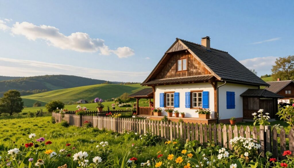 A cozy, picturesque house in the village of Łosiów, Opole Voivodeship, surrounded by lush green fields and blooming flowers in the foreground. The house, a charming single-story structure, features vintage wooden beams, vibrant blue shutters, and a welcoming front porch adorned with potted plants. In the middle ground, a well-maintained garden with colorful blossoms and a rustic wooden fence adds to the homey atmosphere. The background captures gently rolling hills under a clear blue sky, with soft clouds drifting lazily. Golden sunlight bathes the scene, creating a warm, inviting mood. This serene setting embodies the tranquil life of Pawel Kukiz outside of his political career, reflecting simplicity and connection with nature. Use a wide-angle lens to enhance the spacious feeling of this idyllic rural landscape.