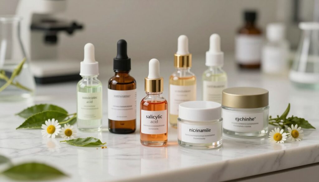 A curated selection of skin care ingredients known for their effectiveness against closed comedones. In the foreground, a variety of small, elegant glass jars filled with colorful serums and creams, each labeled with their active ingredient, like salicylic acid, niacinamide, and glycolic acid. In the middle ground, a smooth marble surface adorned with fresh botanical elements, such as green tea leaves and chamomile flowers, symbolizing the natural aspect of these ingredients. The background features soft-focus laboratory equipment, emphasizing a professional atmosphere. The lighting is soft and warm, creating a calming and inviting ambiance. A slight overhead angle captures the arrangement, enhancing the appeal of these beneficial skin care solutions.