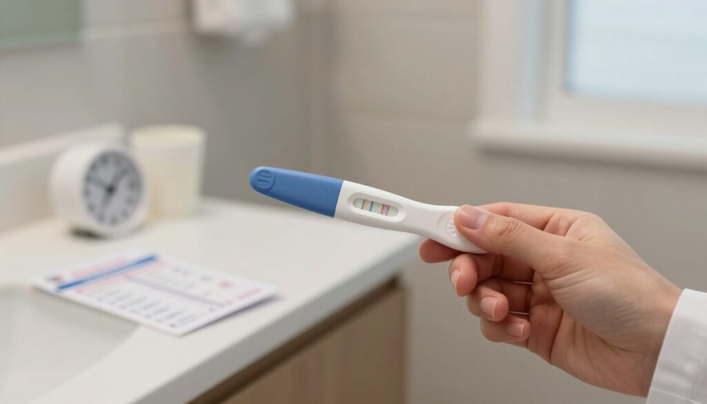 A detailed and clear scene depicting a step-by-step process of using a pregnancy test. In the foreground, a close-up of a modern, easy-to-read pregnancy test with two distinct lines indicating a result. A hand in a professional, modest outfit holding the test. In the middle ground, a clean bathroom countertop with scattered supplies like a small timer, a cup, and a pamphlet on pregnancy tests. The background shows a softly blurred bathroom setting with neutral colors and natural lighting coming from a window, casting gentle shadows. The atmosphere is calm and informative, inviting the viewer to learn about the proper procedure for taking a pregnancy test. A detailed and clear scene depicting a step-by-step process of using a pregnancy test. In the foreground, a close-up of a modern, easy-to-read pregnancy test with two distinct lines indicating a result. A hand in a professional, modest outfit holding the test. In the middle ground, a clean bathroom countertop with scattered supplies like a small timer, a cup, and a pamphlet on pregnancy tests. The background shows a softly blurred bathroom setting with neutral colors and natural lighting coming from a window, casting gentle shadows. The atmosphere is calm and informative, inviting the viewer to learn about the proper procedure for taking a pregnancy test.